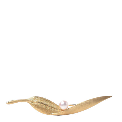 Mikimoto 18K Yellow Gold Akoya Pearl 7mm Leaf Brooch 1 of 4