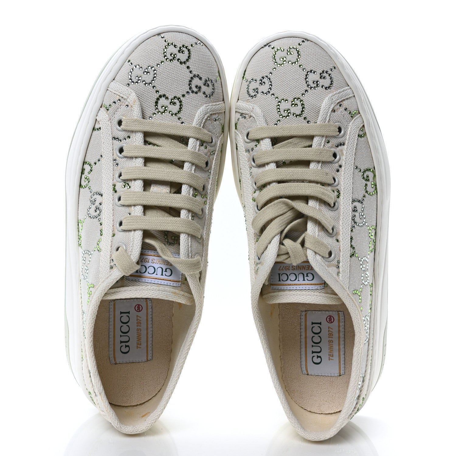 Gucci Canvas Lame Crystal GG Monogram Womens 1977 Tennis Sneakers 38.5 Medium Cream Mystic White 2 of 10