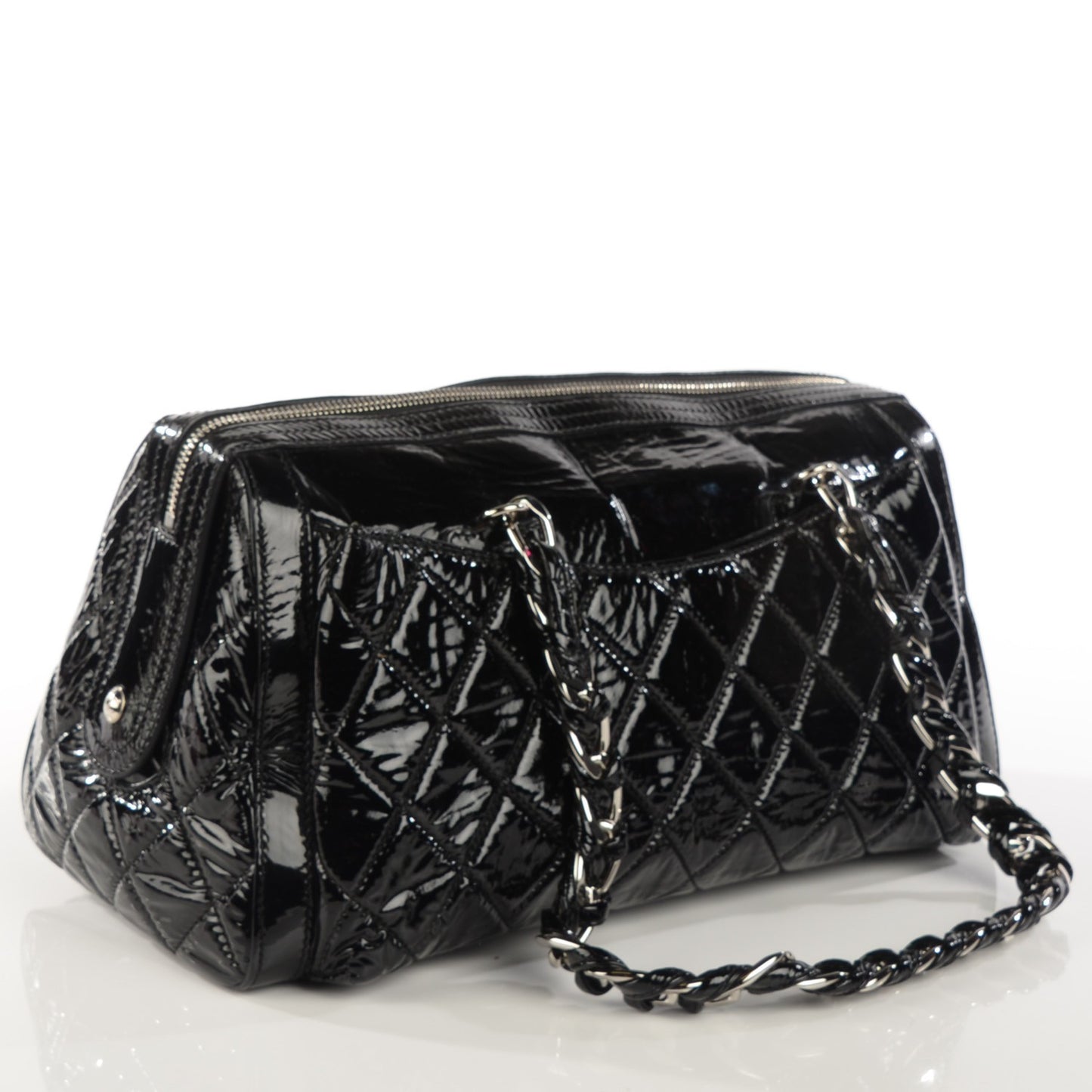 Patent Quilted Day Glo Flap Bag Black