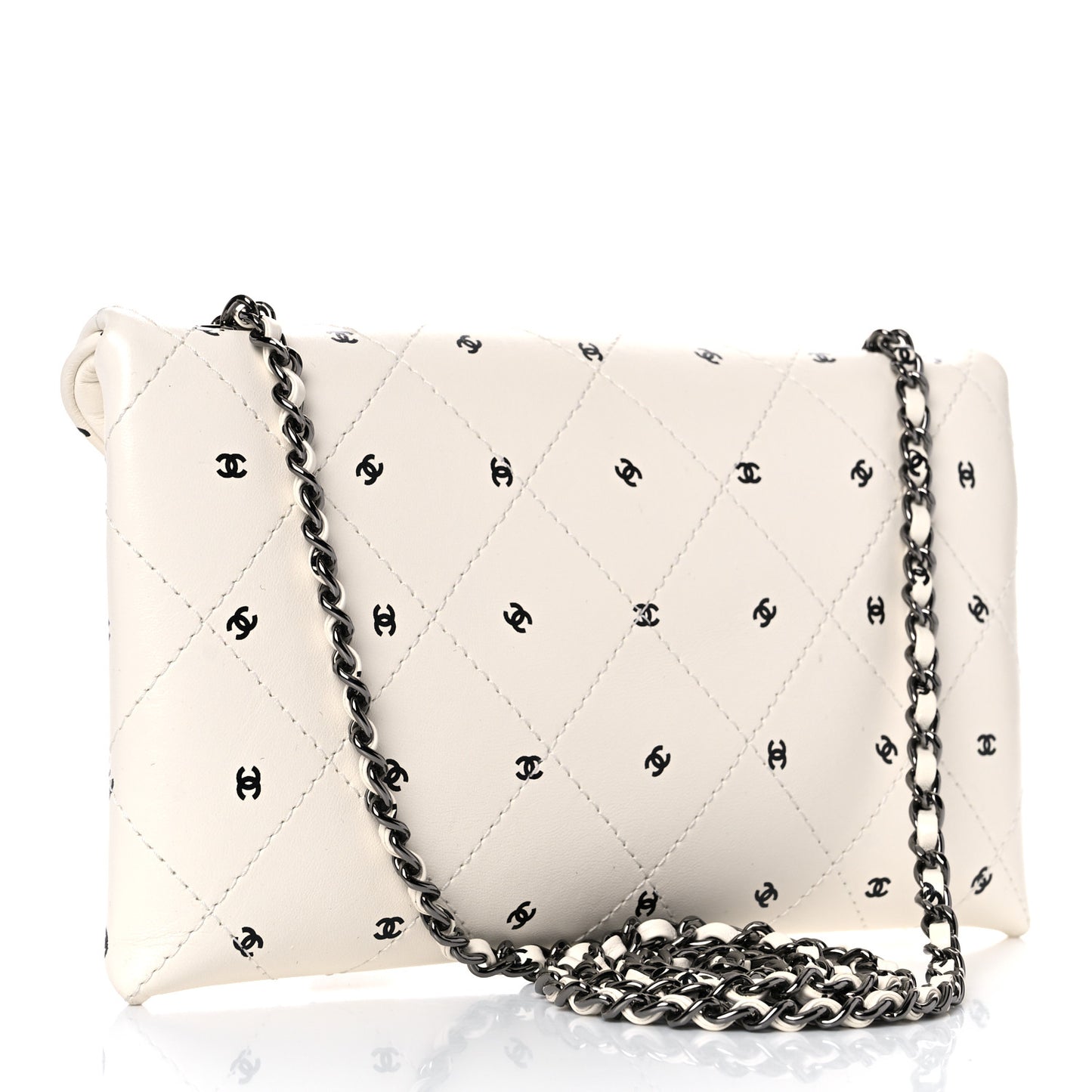 Printed Lambskin Logo CC Envelope Clutch With Chain White