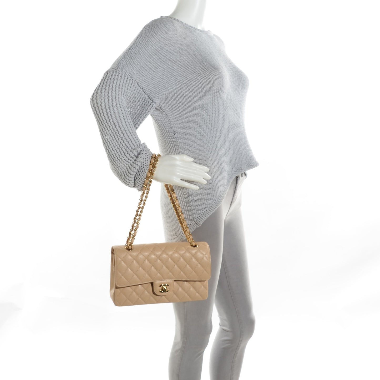 Caviar Quilted Medium Double Flap Beige Clair
