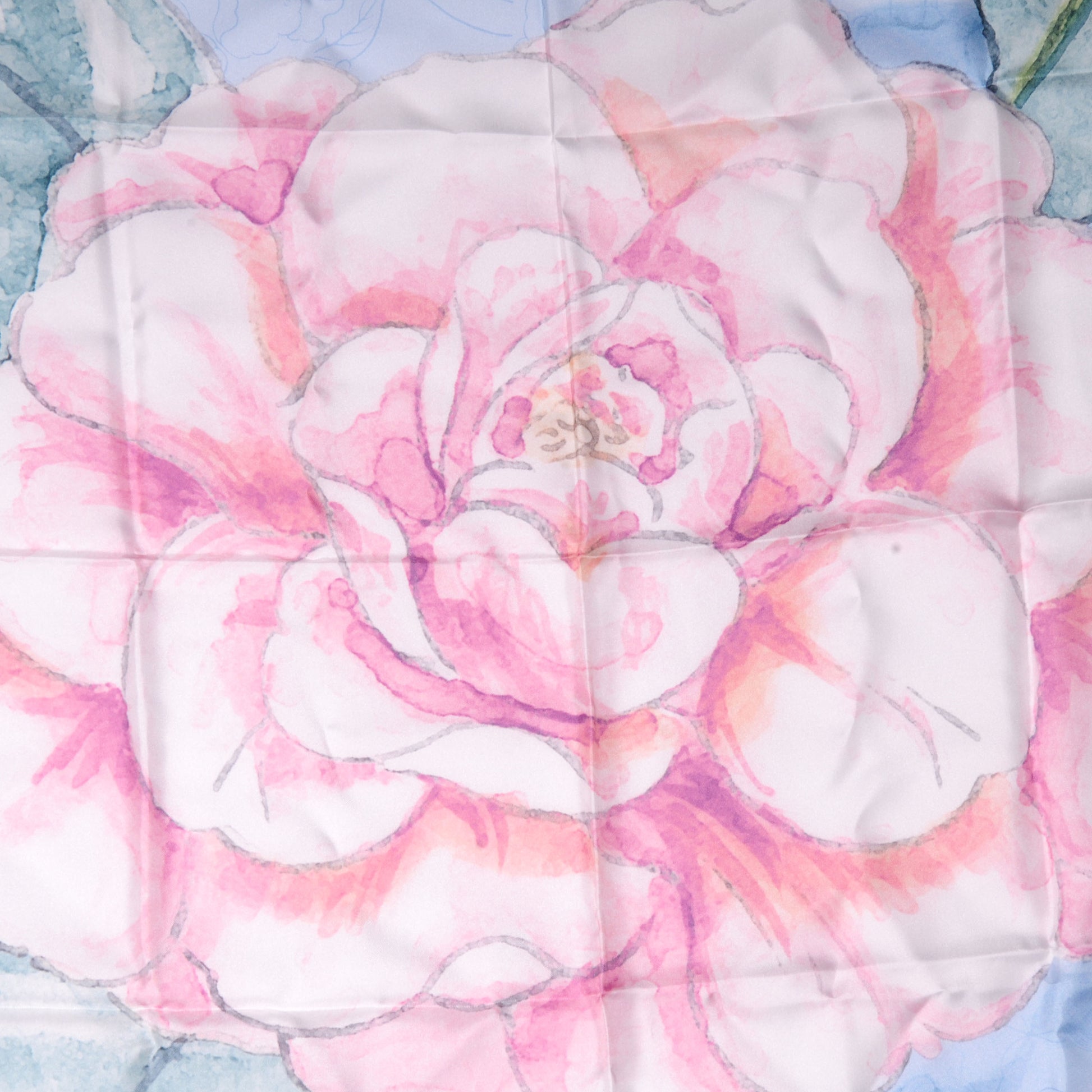 Chanel Silk Watercolor Camellia Flower Scarf Coral Blue 1 of 5