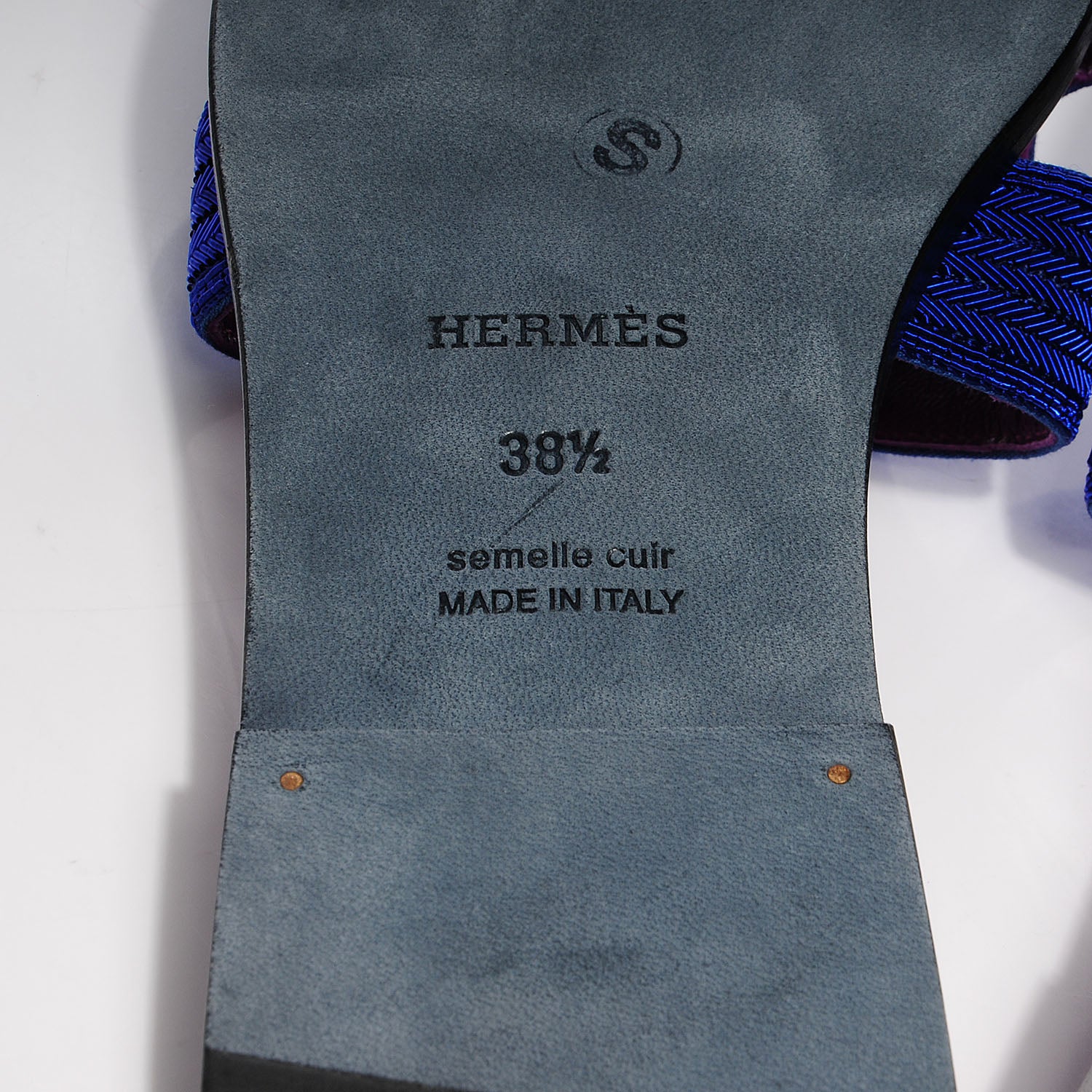 Hermes Herringbone Dabka Oran Sandals 38.5 Bleu 6 of 8
