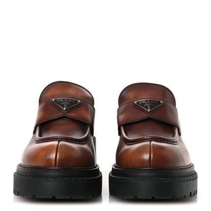 Prada Vitello Fume Metal Triangle Logo 50mm Loafers 40.5 Cognac 3 of 11
