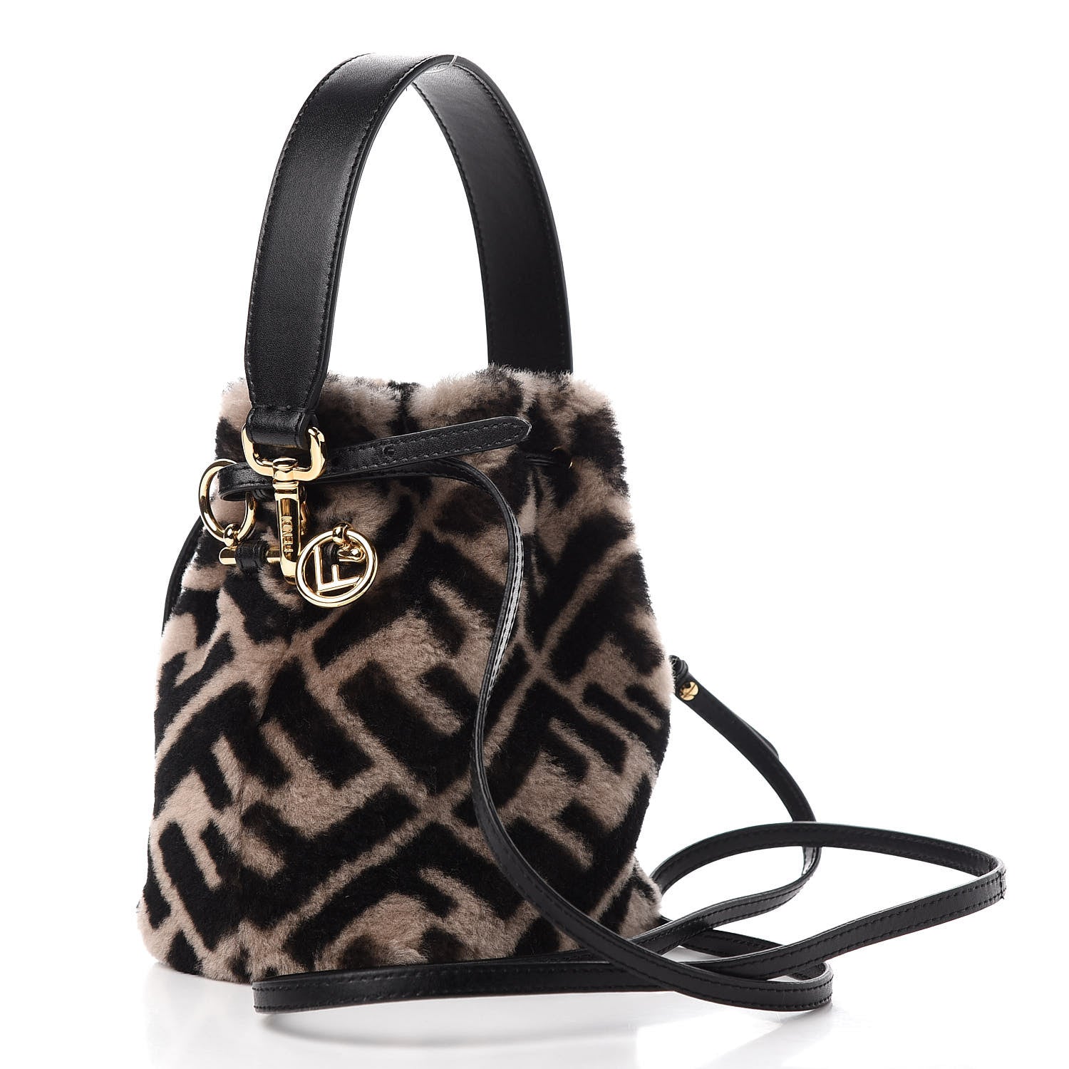 Fendi Shearling F is Macro FF 1974 Diagonal Mini Mon Tresor Bucket Bag Dove Black 4 of 11