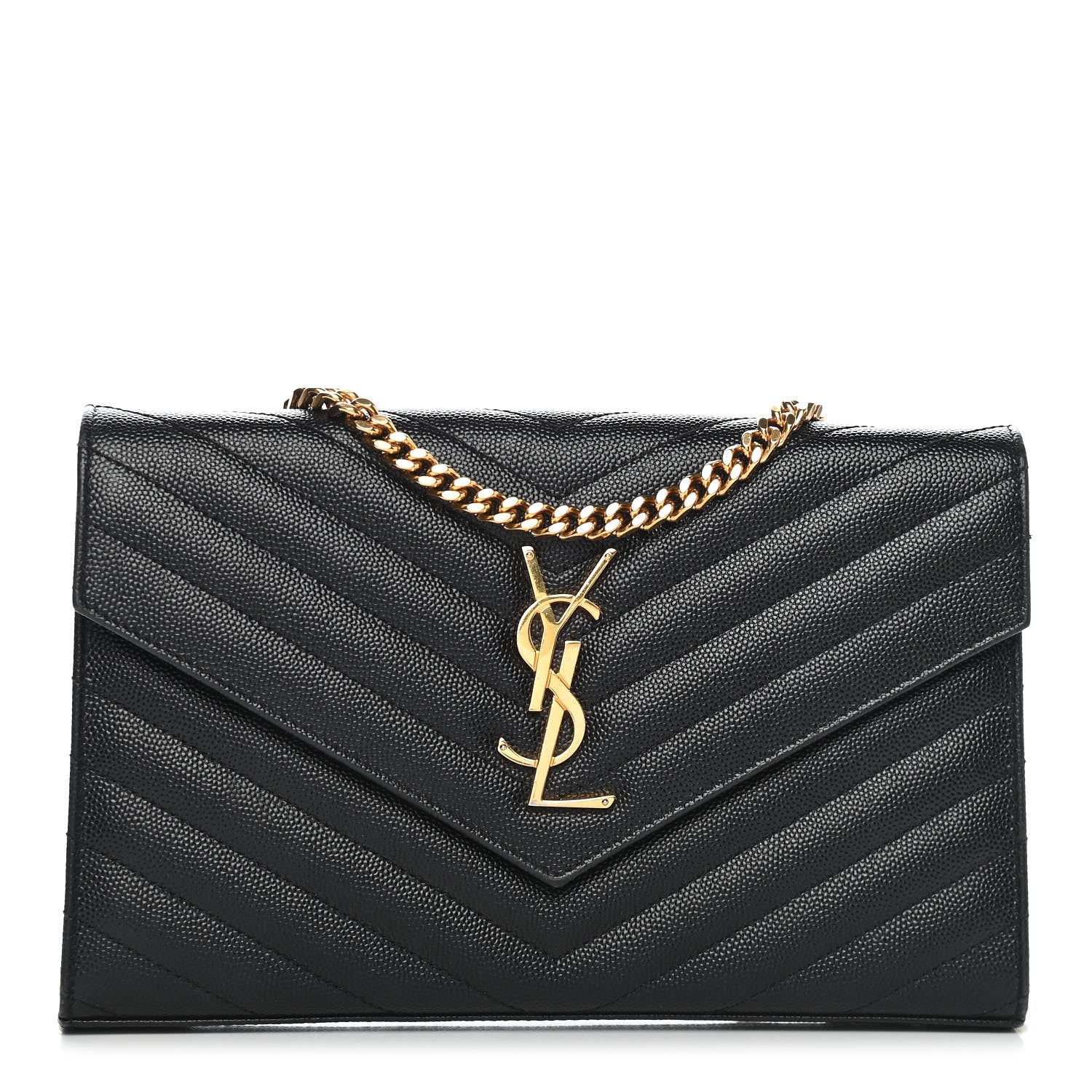 Saint Laurent Grain De Poudre Matelasse Chevron Monogram Chain Wallet Black 1 of 8