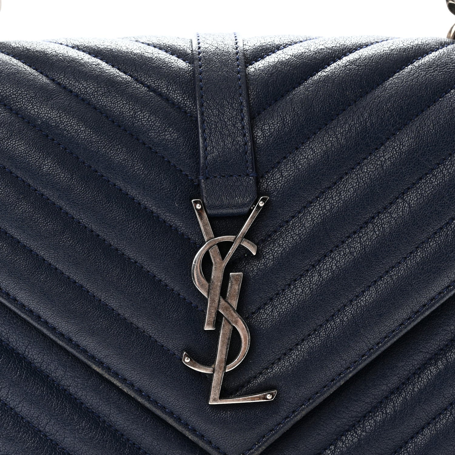 Saint Laurent Sheepskin Matelasse Chevron Monogram Medium College Satchel Navy 8 of 10