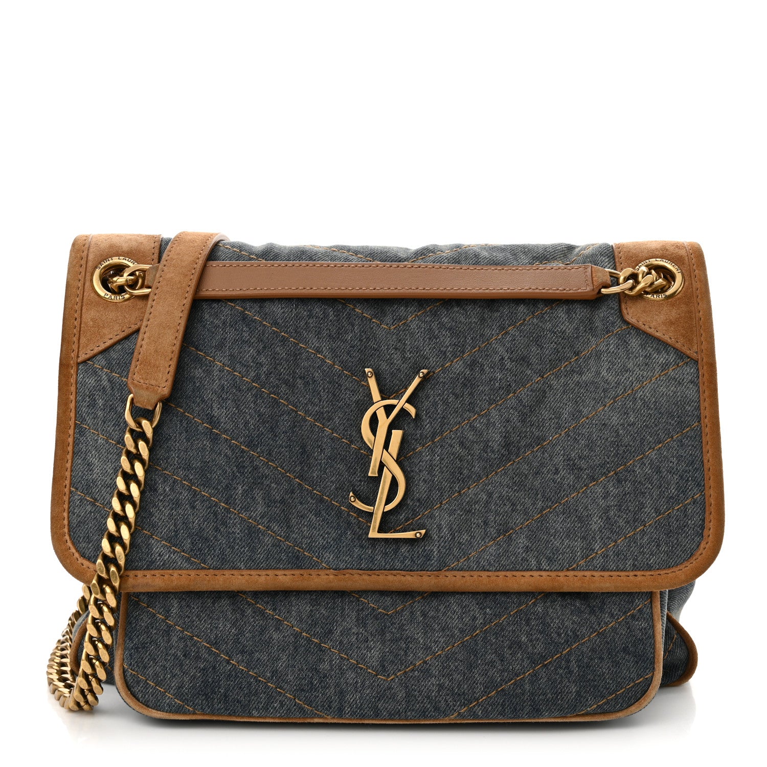 Saint Laurent Denim Suede Monogram Medium Niki Chain Satchel Blue Cinnamon 1 of 13