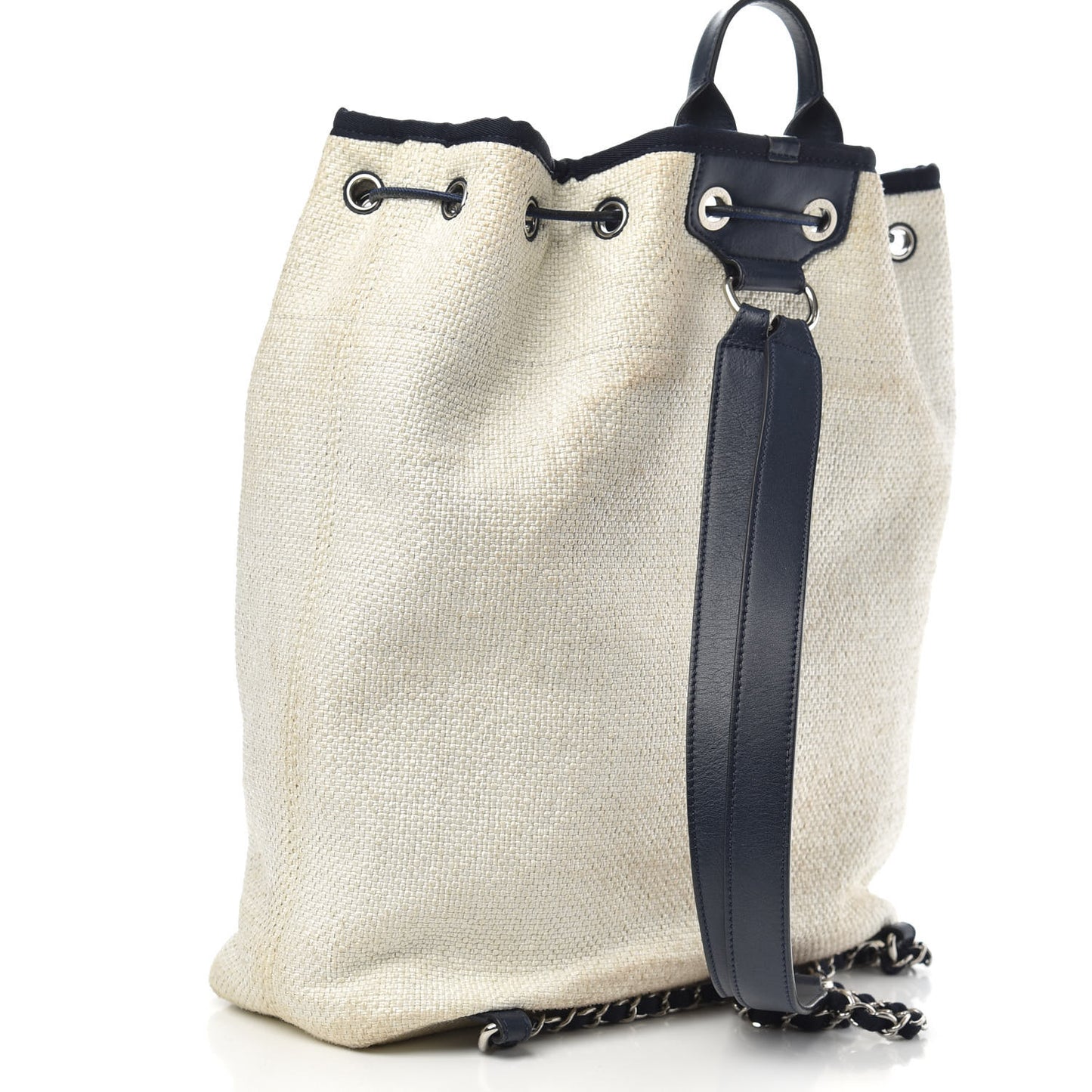 Woven Straw Raffia Large Deauville Backpack White Navy