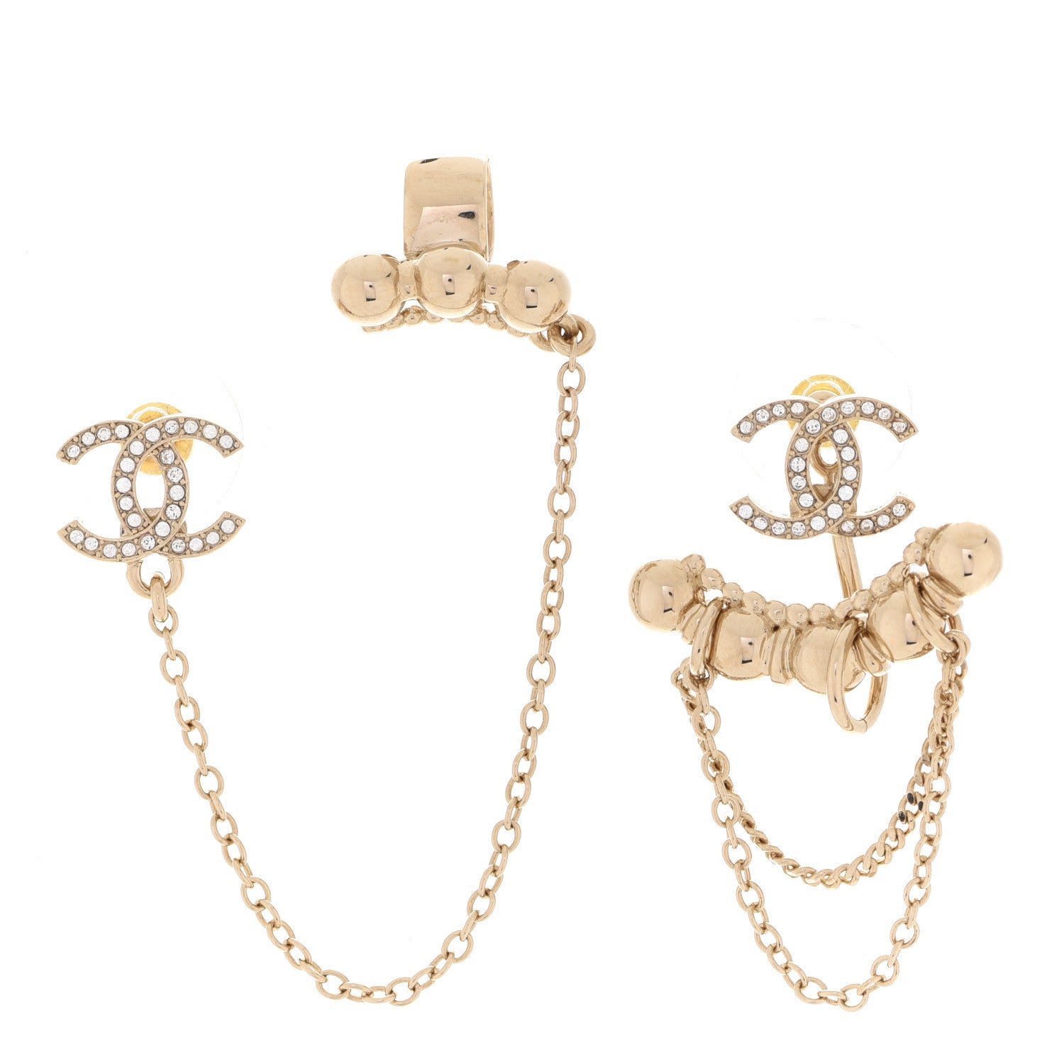 Chanel Metal Crystal CC Chain Cuff Earrings Gold 1 of 5