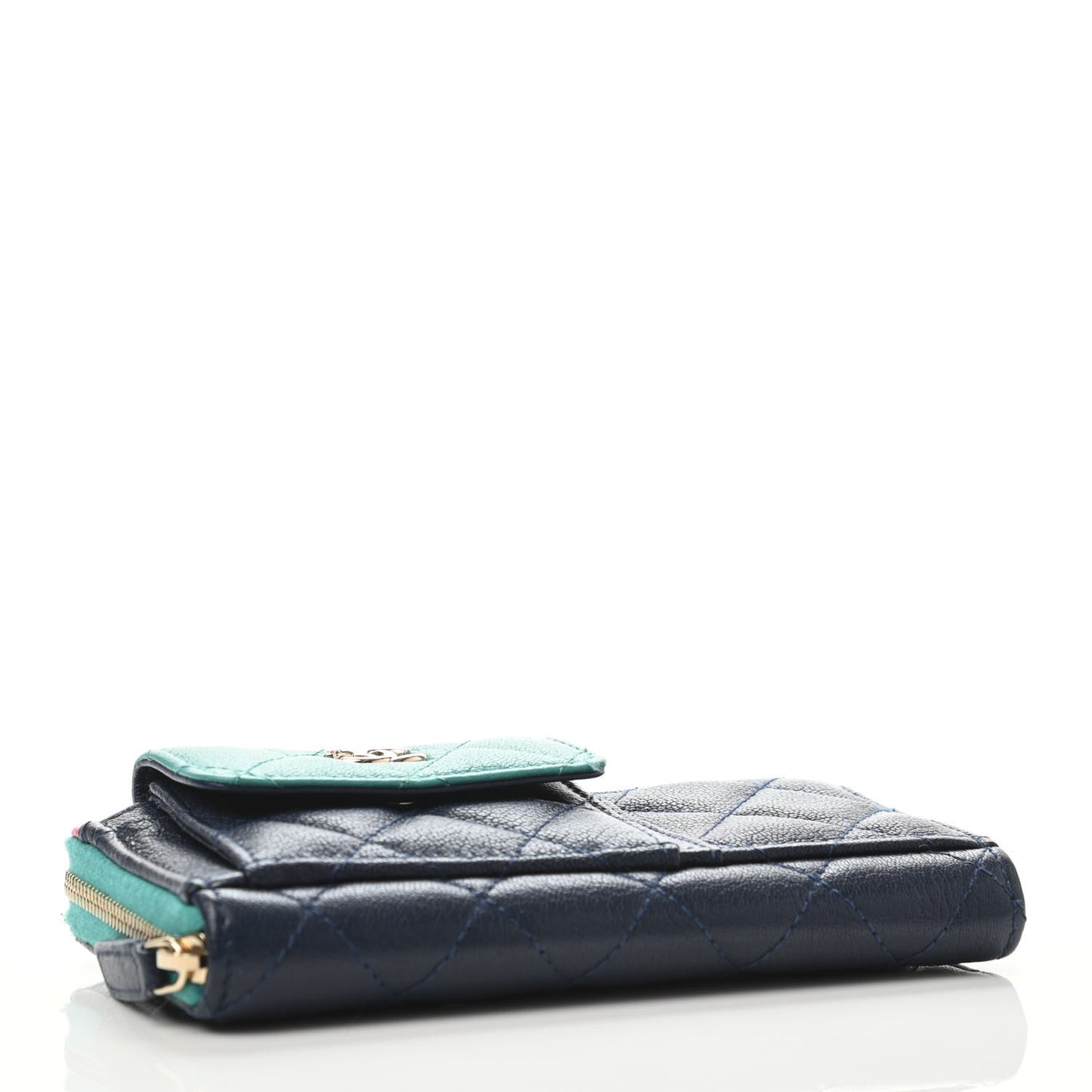Goatskin Quilted Tri-Color In & Out Zip Around Wallet Navy Turquoise Pink