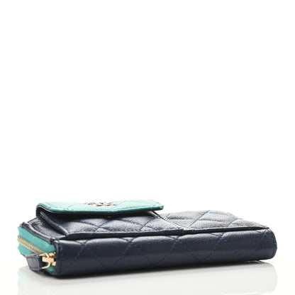 Chanel Goatskin Quilted Tri-Color In & Out Zip Around Wallet Navy Turquoise Pink 3 of 4