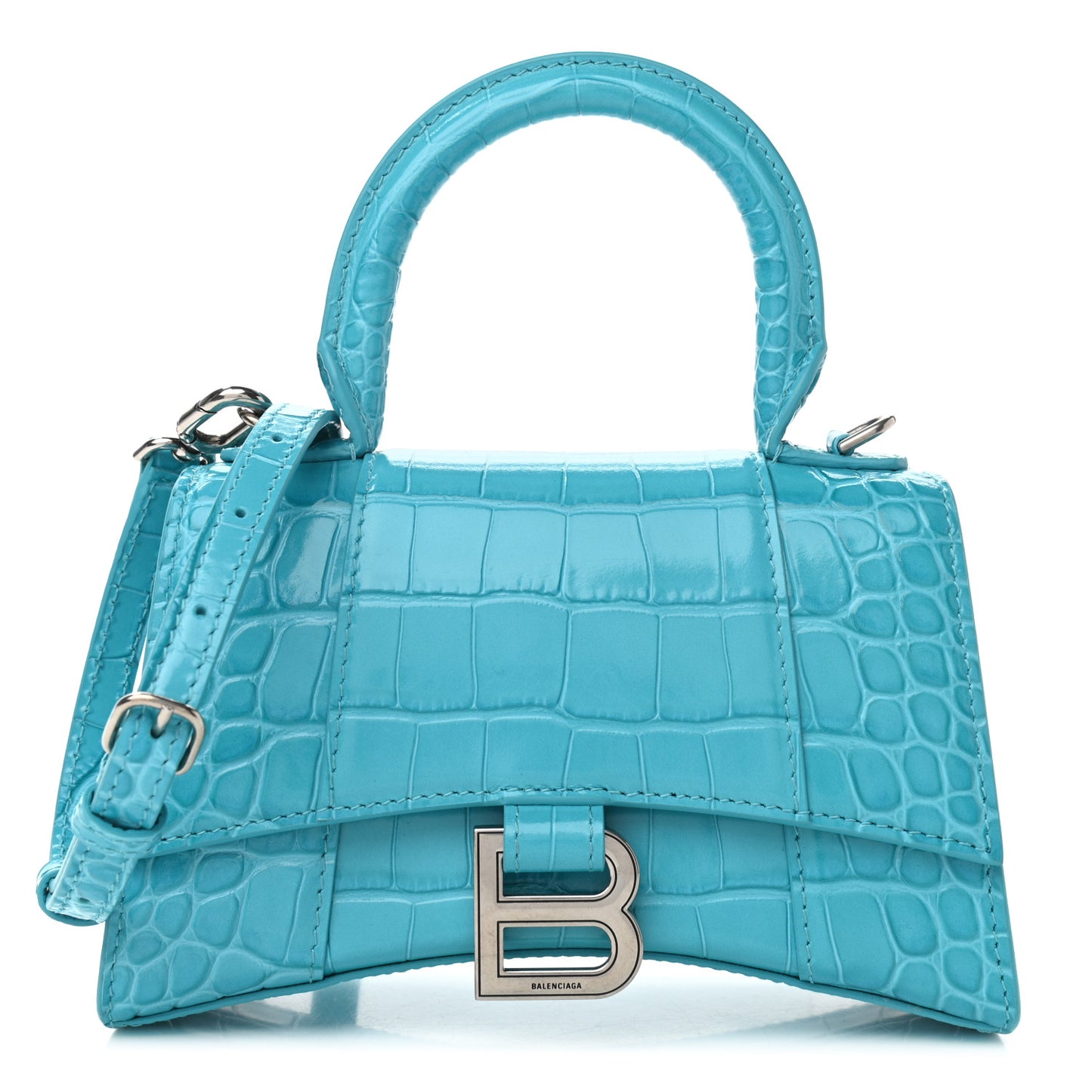Shiny Calfskin Crocodile Embossed Hourglass Top Handle Bag XS Turquoise