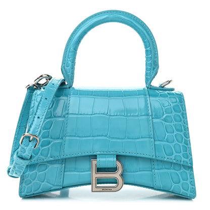 Balenciaga Shiny Calfskin Crocodile Embossed Hourglass Top Handle Bag XS Turquoise 1 of 10
