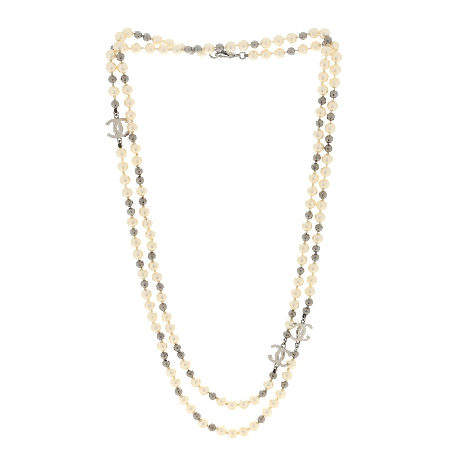 Chanel Pearl Bead CC Long Necklace Silver 3 of 4