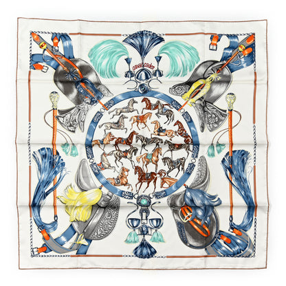 Hermes Silk Cavalcades Scarf 90 White Bleu Jean Vert 1 of 5