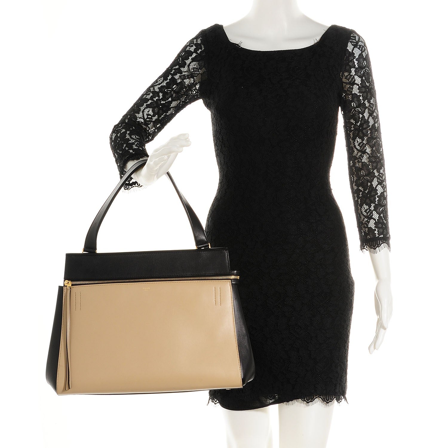 Celine Smooth Calfskin Large Bi-Color Edge Shoulder Bag Beige Black 2 of 7