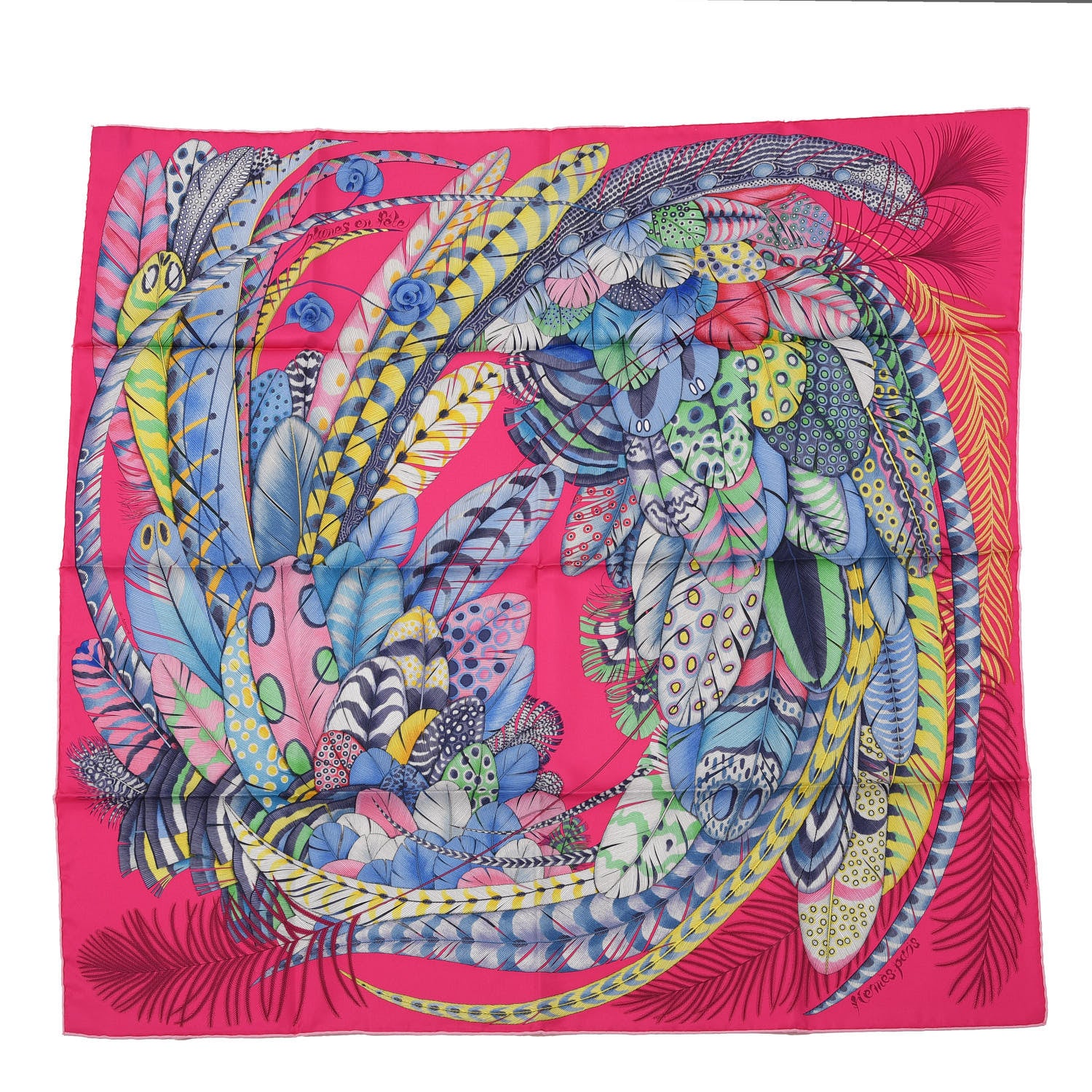 Hermes Silk Plumes En Fete Scarf 90 Rose Vif Bleu Vert 1 of 4