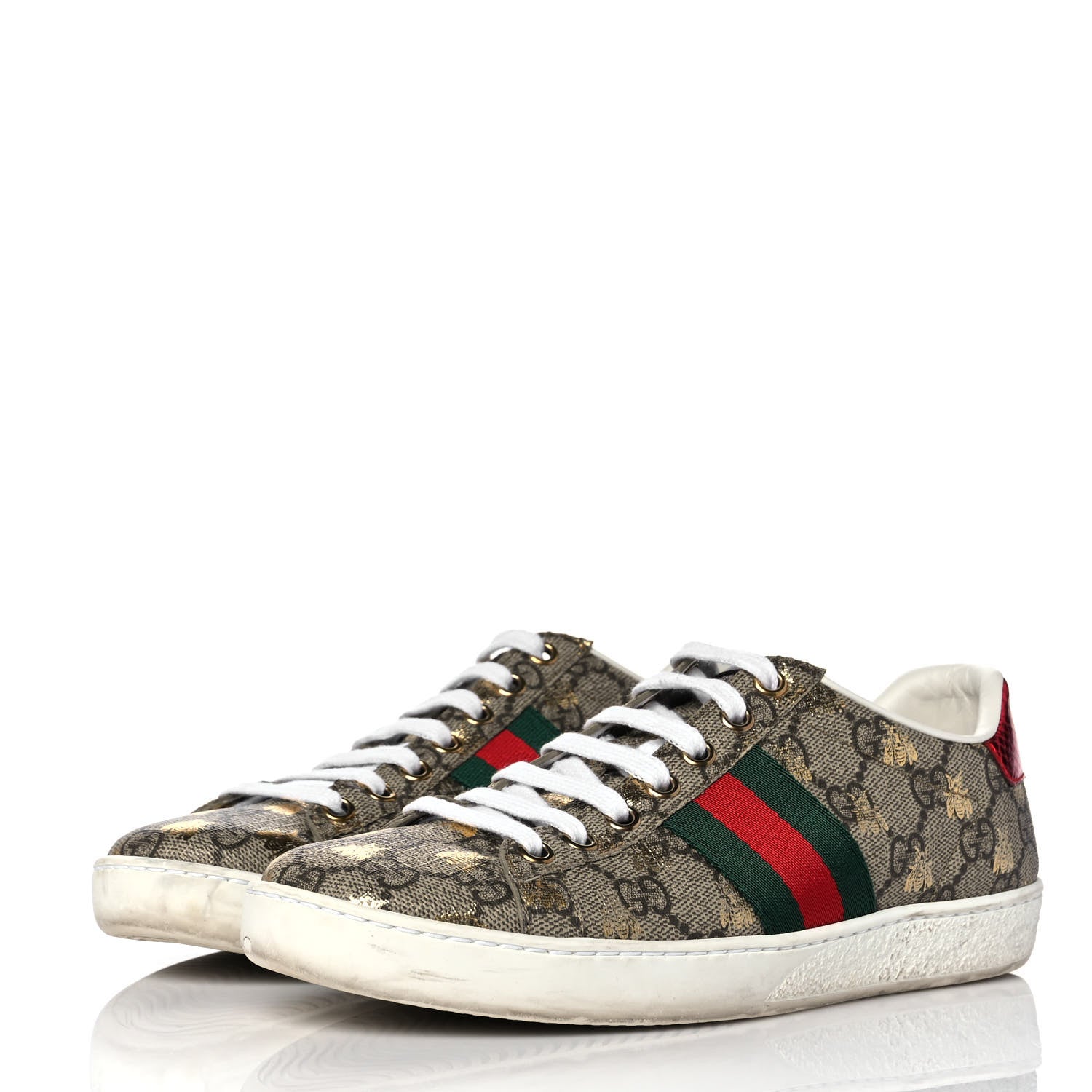Gucci GG Supreme Monogram Bees Ayers Web Womens Ace Sneakers 36 Beige Oro Green Red 3 of 10