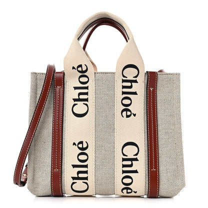 Chloe Cotton Calfskin Small Woody Ribbon Tote With Strap White Brown 1 of 20