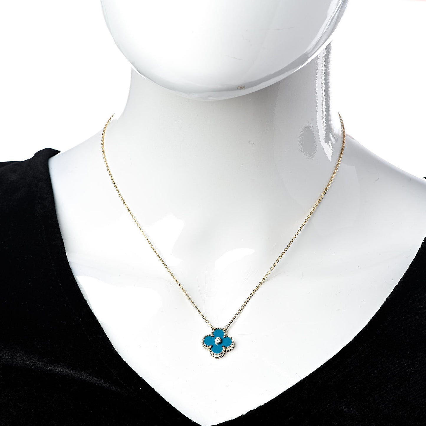 18K Yellow Gold Diamond Celestial Blue Sevres Porcelain Vintage Alhambra Pendant Necklace