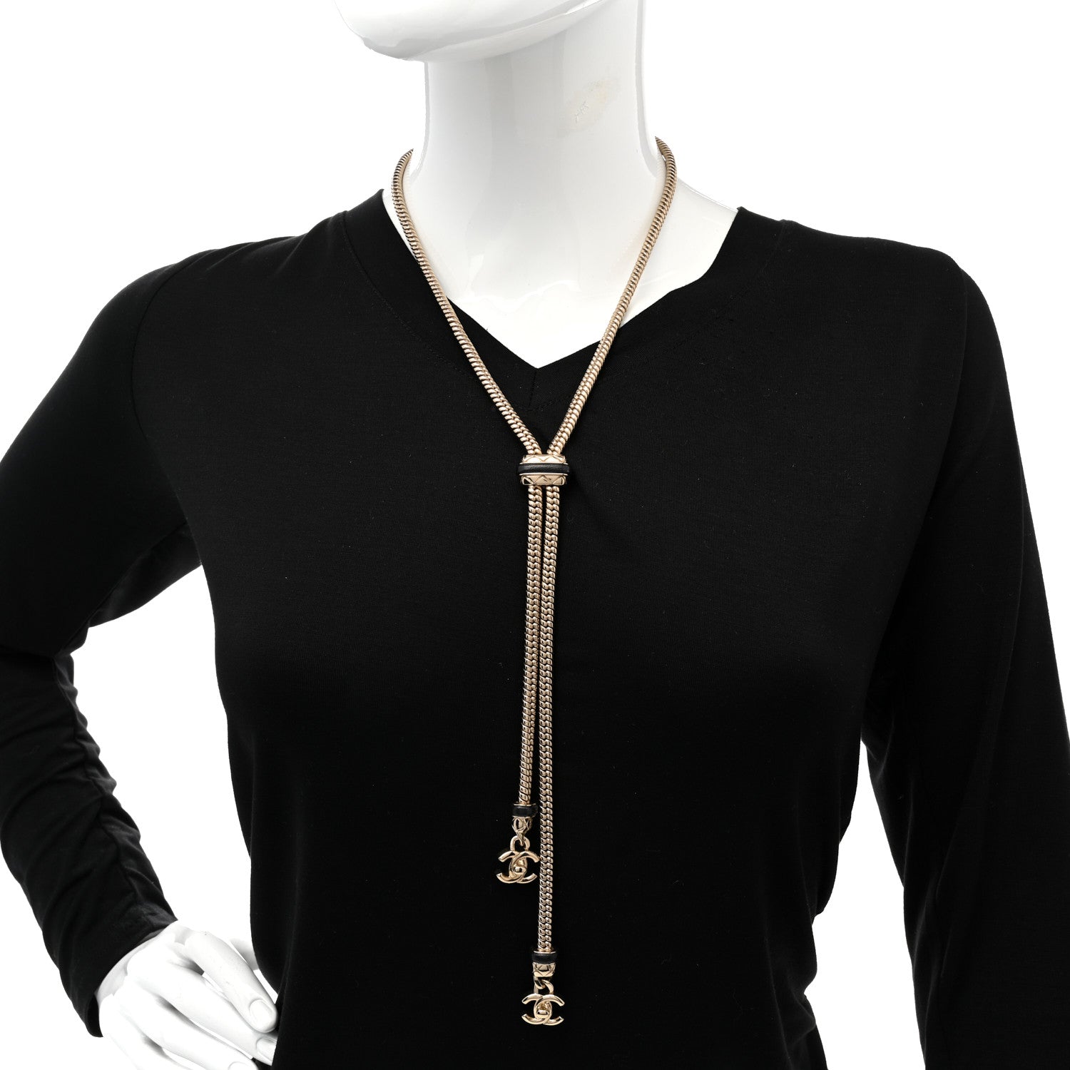 Chanel Metal Lambskin CC Turnlock Lariat Necklace Black Gold 2 of 8