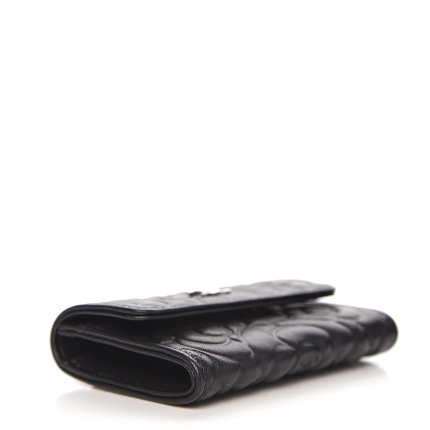 Lambskin Camellia Embossed Card Holder Wallet Black