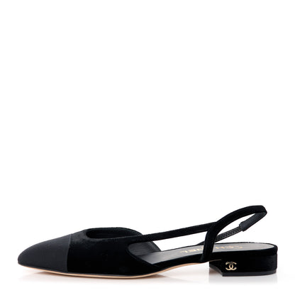 Chanel Velvet Grosgrain Cap Toe CC Slingback Flats 39.5 Black 1 of 9