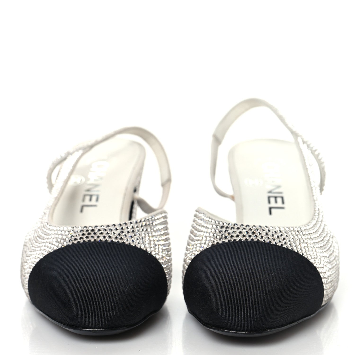 Chanel Strass Grosgrain Cap Toe CC Slingback Pumps 36 Silver Black 3 of 9