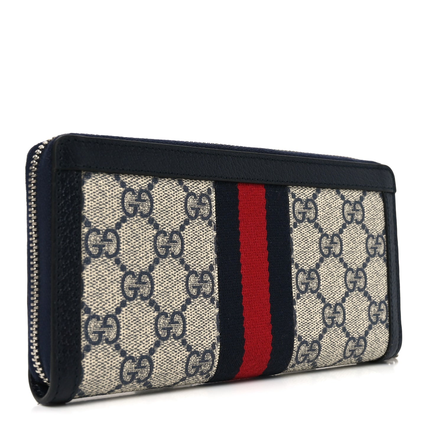 GG Supreme Monogram Textured Dollar Calfskin Web Ophidia Zip Around Wallet Beige Blue