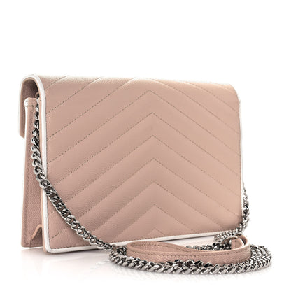 Saint Laurent Grain De Poudre Matelasse Chevron Monogram Envelope Chain Wallet Pink White 4 of 23