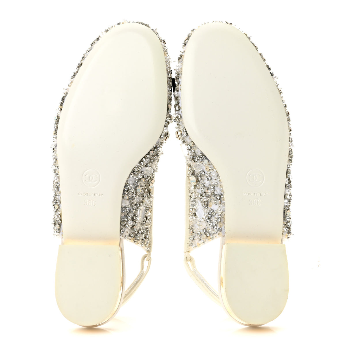 Satin Crystal Lambskin Grossgrain Bow CC Slingback Flats 38 White Black
