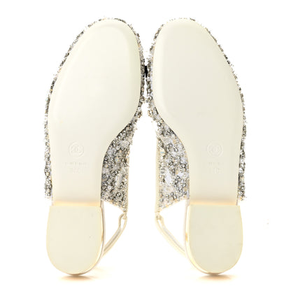 Chanel Satin Crystal Lambskin Grossgrain Bow CC Slingback Flats 38 White Black 6 of 9