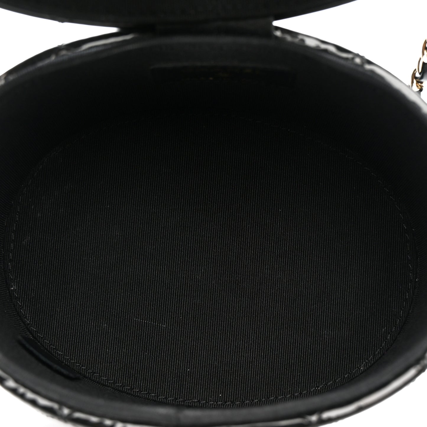 Patent Quilted Round Clutch With Chain Black
