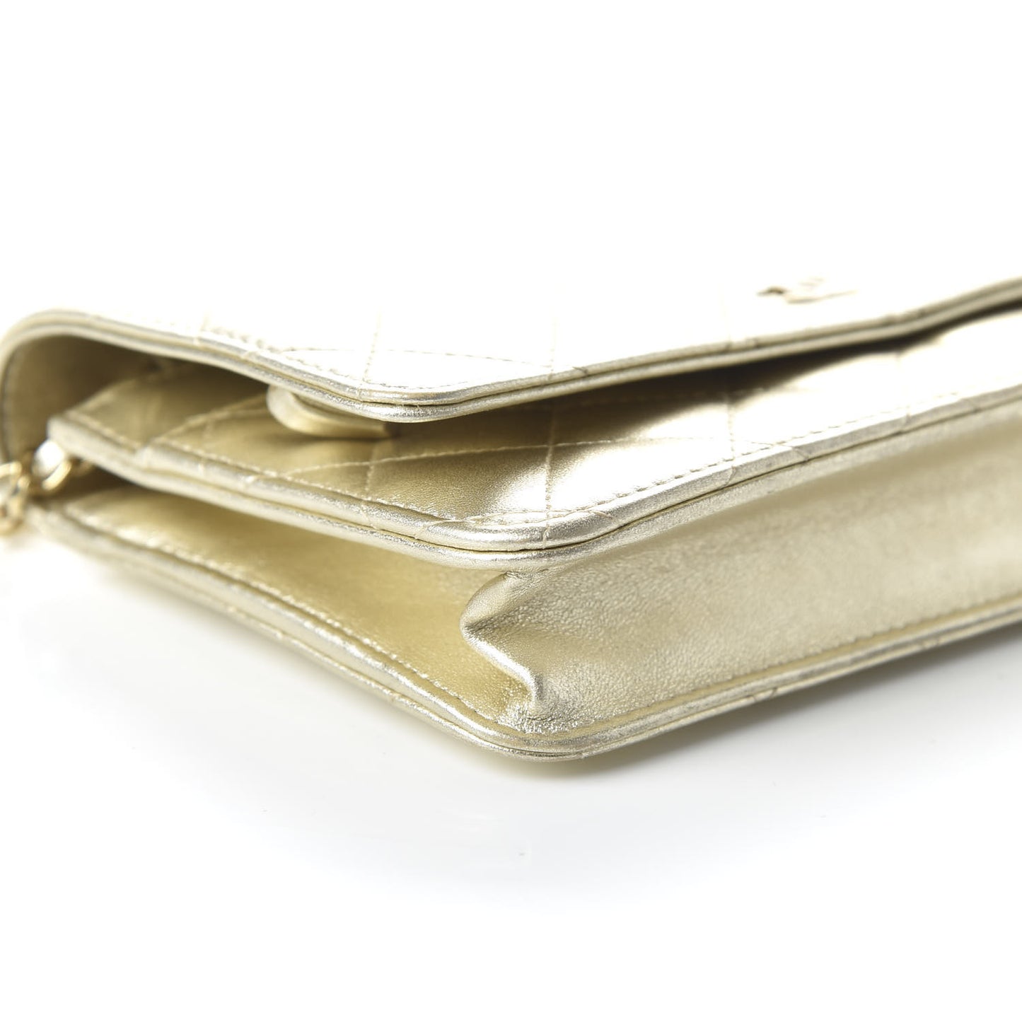 Metallic Lambskin Quilted Wallet On Chain WOC Gold