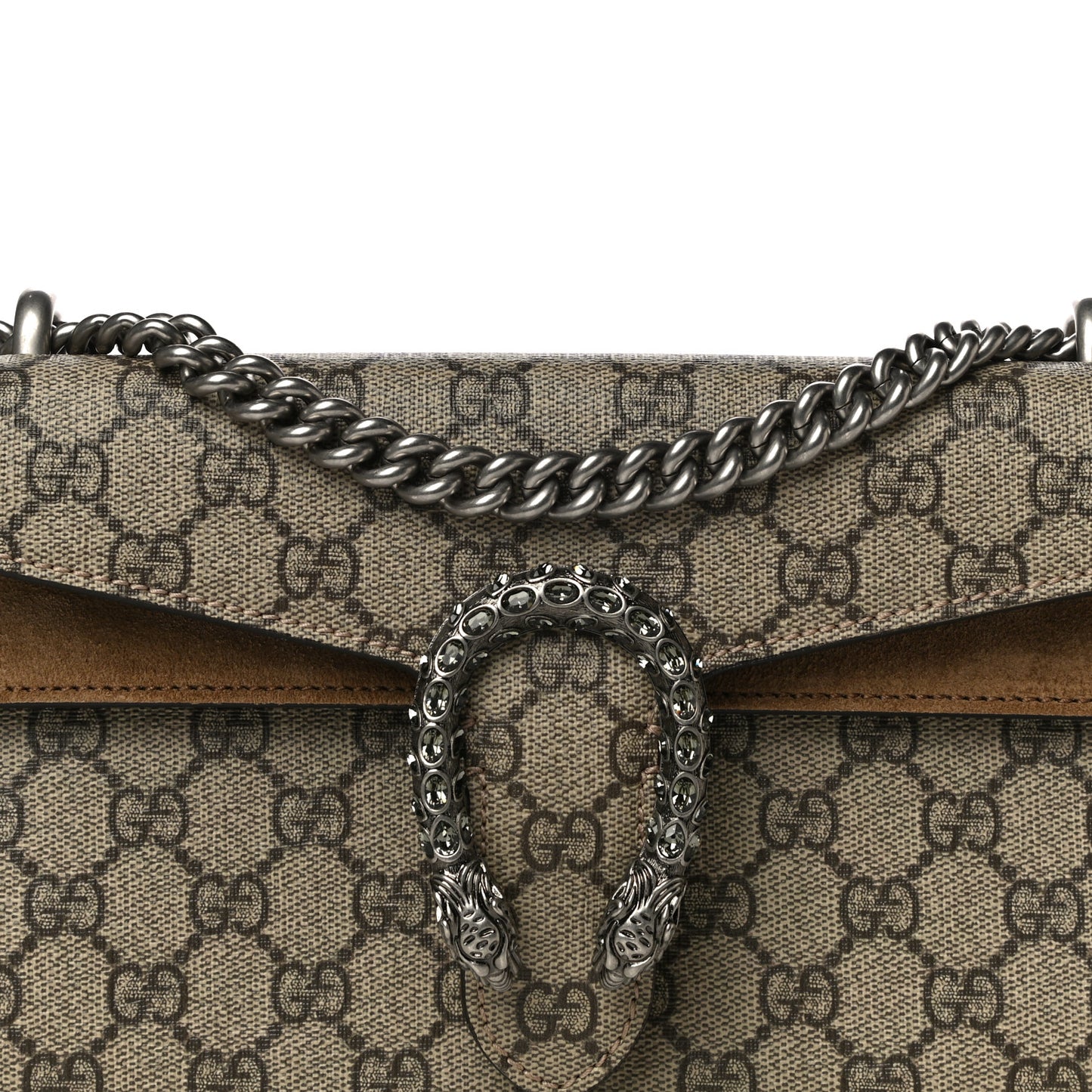GG Supreme Monogram Suede Crystal Small Dionysus Shoulder Bag Beige Ebony Taupe