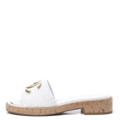 Chanel Tweed Cork CC Mule Sandal 39.5 Silk White 1 of 12