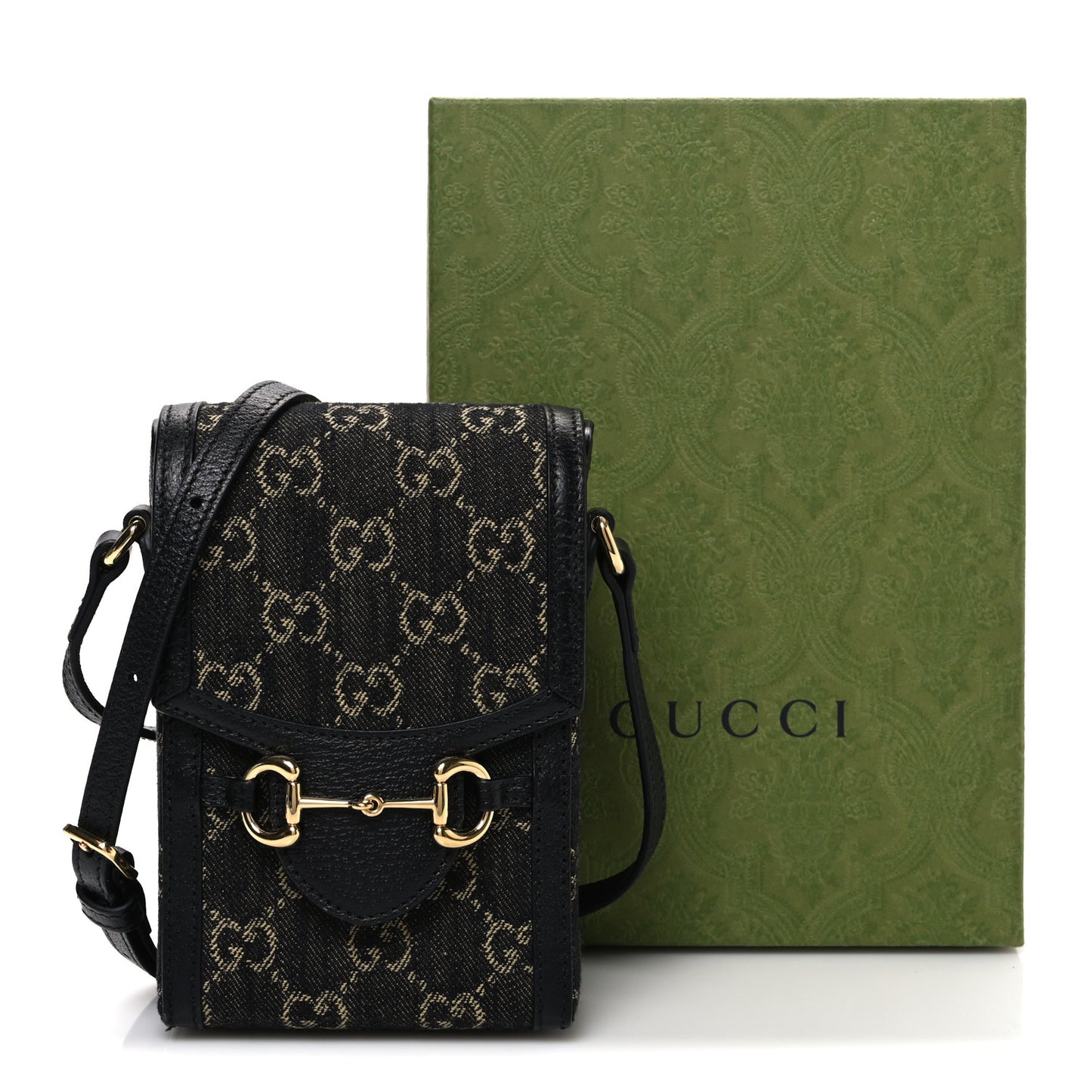 Jacquard Black Denim GG Monogram Textured Dollar Calfskin Mini Horsebit 1955 Crossbody Bag Black Ivory