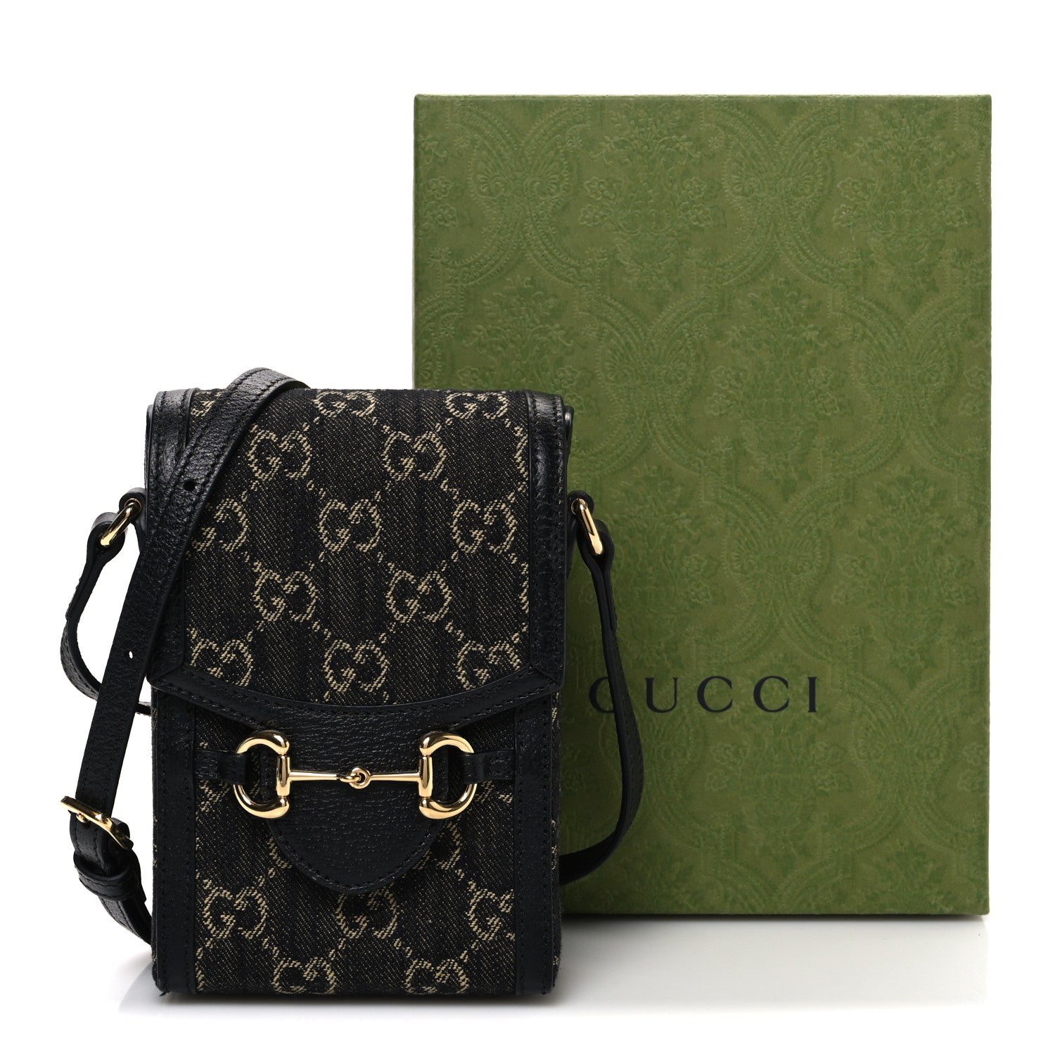 Gucci Jacquard Black Denim GG Monogram Textured Dollar Calfskin Mini Horsebit 1955 Crossbody Bag Black Ivory 10 of 10