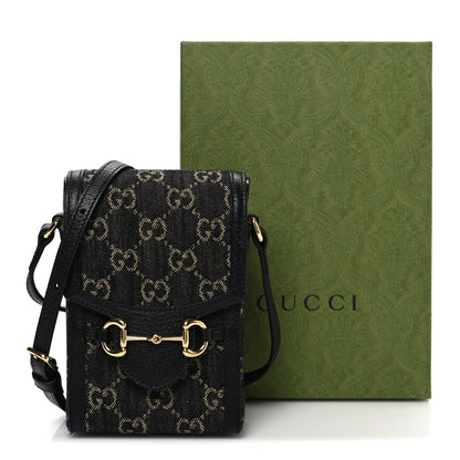 Gucci Jacquard Black Denim GG Monogram Textured Dollar Calfskin Mini Horsebit 1955 Crossbody Bag Black Ivory 10 of 10