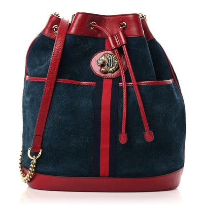 Gucci Suede Calfskin Web Medium Rajah Bucket Bag New Blue Romantic Cherry 1 of 15