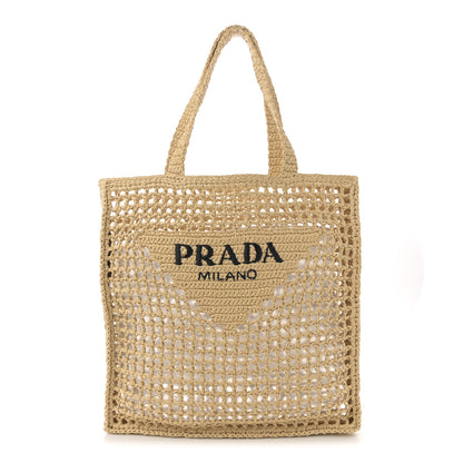 Prada Yarn Raffia Effect Crochet Logo Embroidered Tote Bag Naturale 1 of 8