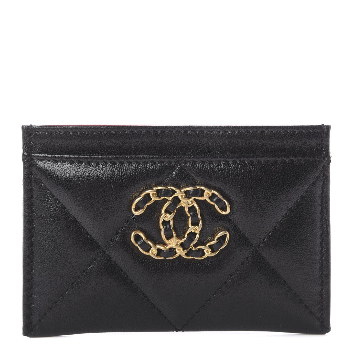 Shiny Goatskin Quilted Chanel 19 Card Holder Black