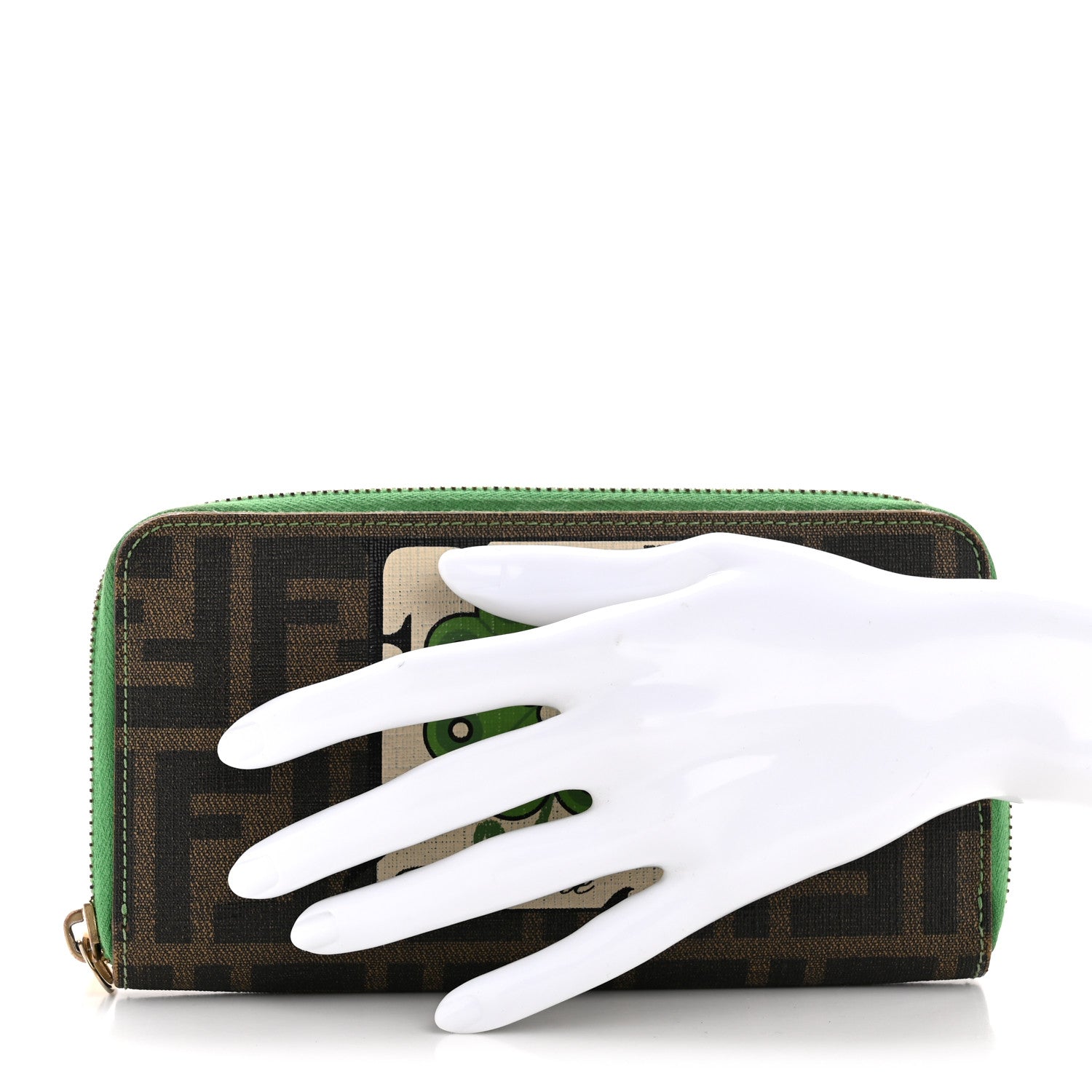 Fendi Zucca Spalmati Vitello Elite Clover Print Zip Around Wallet Tobacco Green 2 of 12