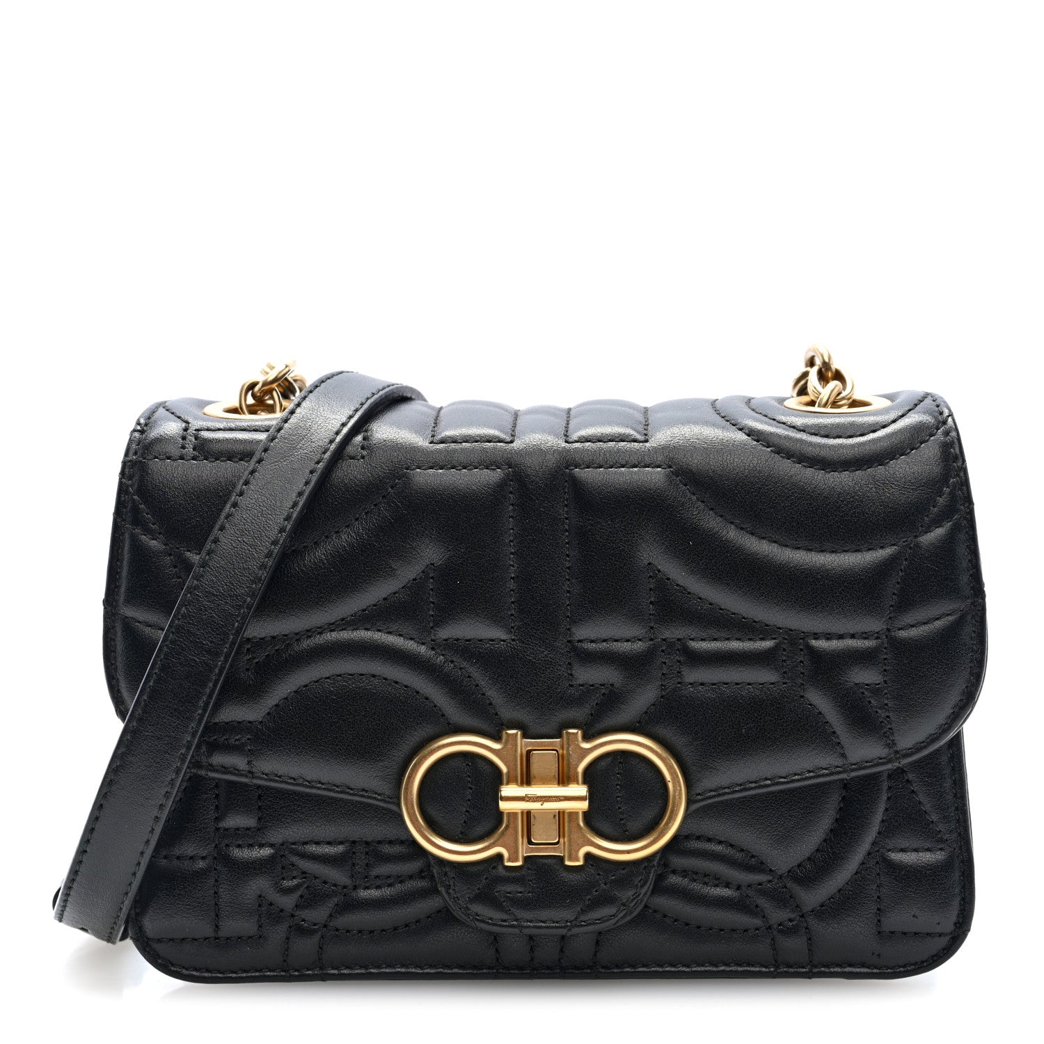 Salvatore Ferragamo Calfskin Quilted Gancini Mini Crossbody Flap Bag Black 1 of 9