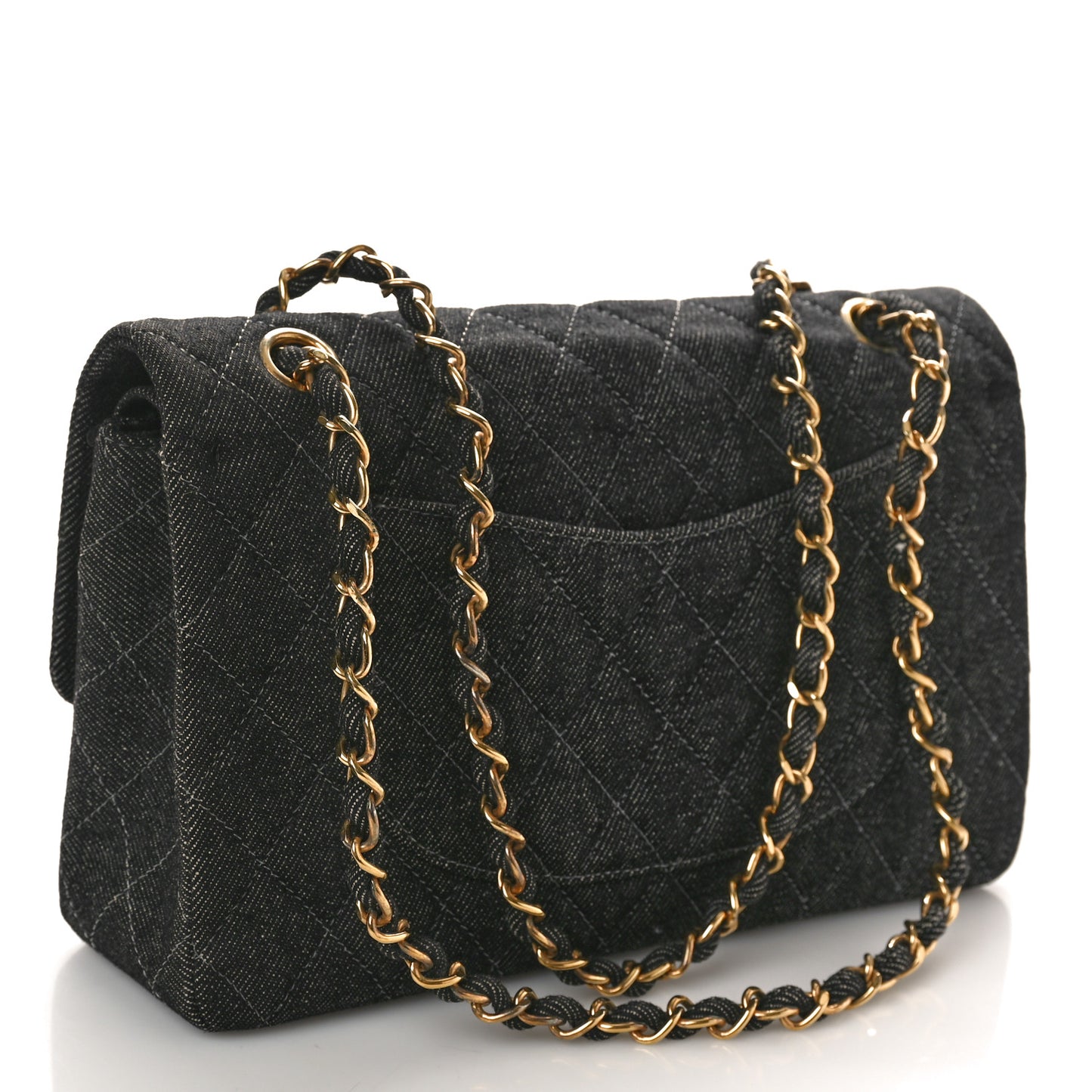 Denim Quilted Medium Double Flap Black