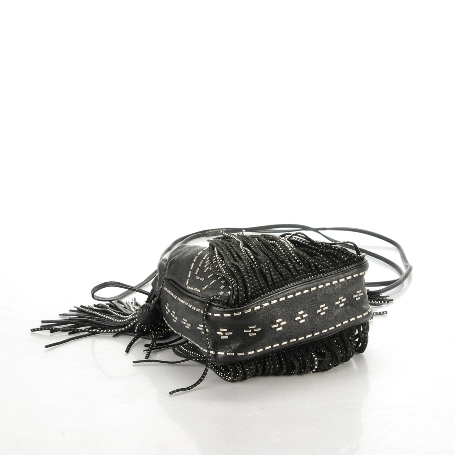 Lambskin Oxidized Nickel Studded Small Helena Fringed Bucket Bag Black