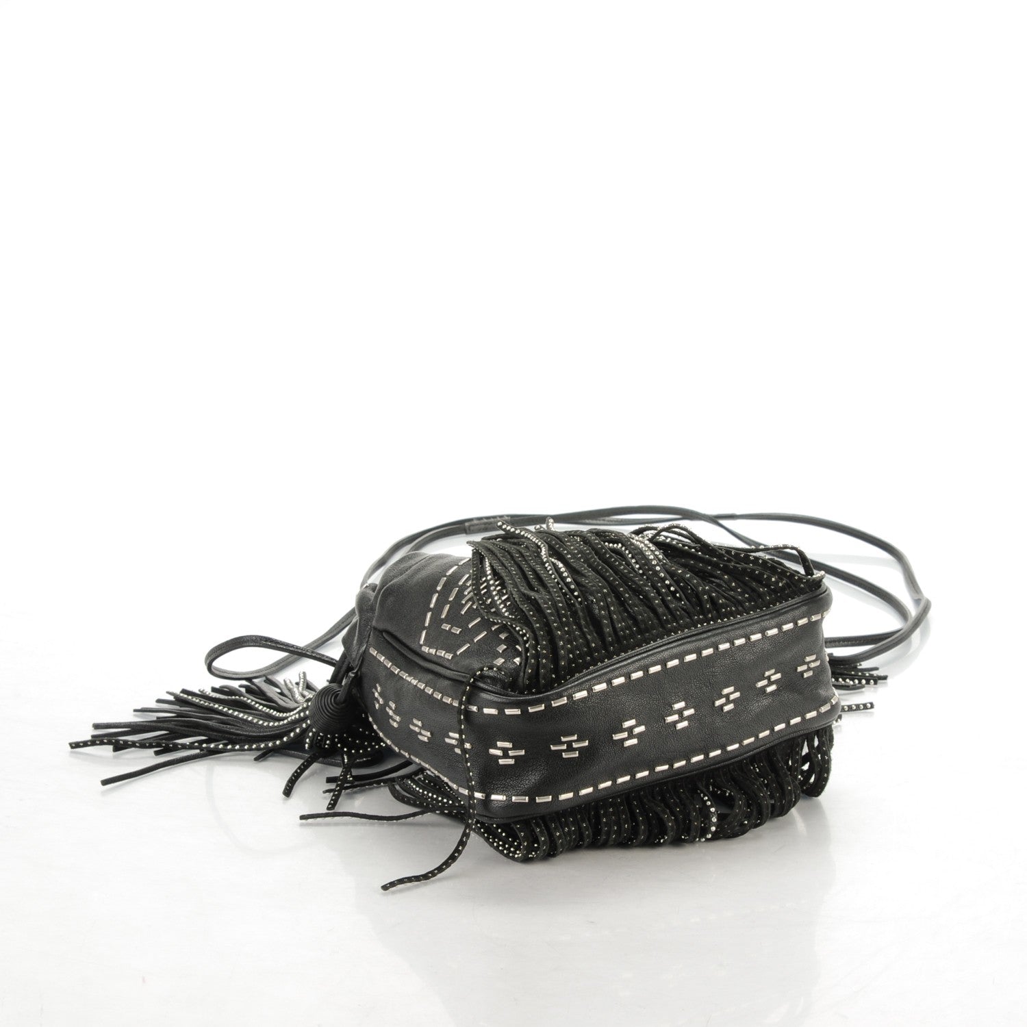 Saint Laurent Lambskin Oxidized Nickel Studded Small Helena Fringed Bucket Bag Black 4 of 7