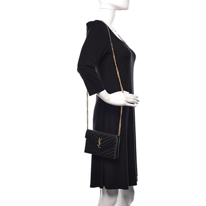 Saint Laurent Grain De Poudre Matelasse Chevron Monogram Envelope Chain Wallet Black 2 of 12