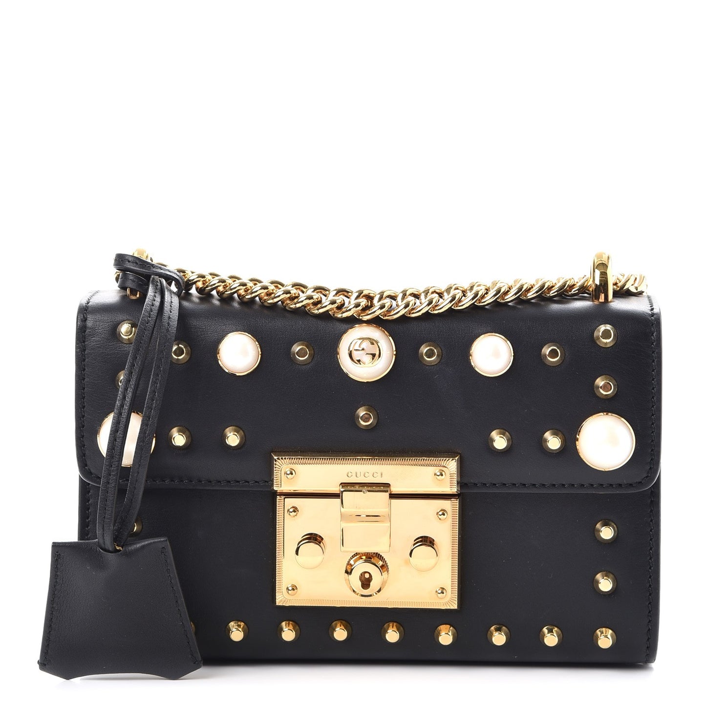 Calfskin Studded Small Padlock Shoulder Bag Black